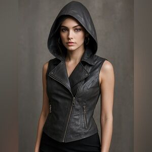 RUNWAY NY Sample Genuine Leather Hooded Vest Moto Jacket Zip Up Lined Black S